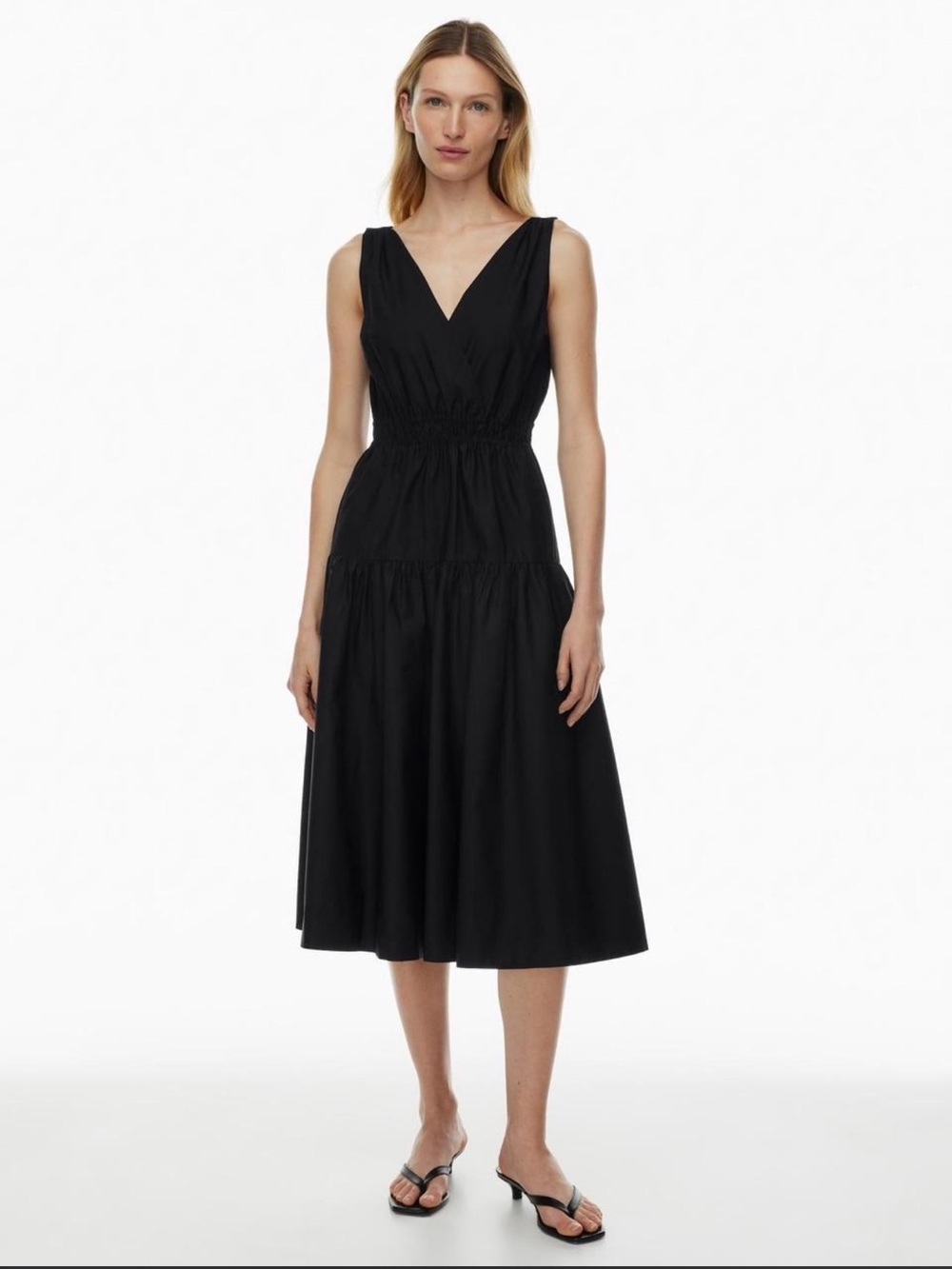 New Babaton Aritzia Cotton Sleeveless V Neck Tiered Midi Dress Broadcast Black